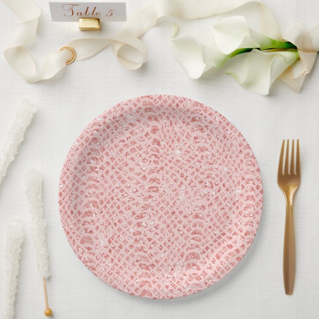 Blush Pink Glitter Snake Skin Animal Print Paper Plate (Wedding)