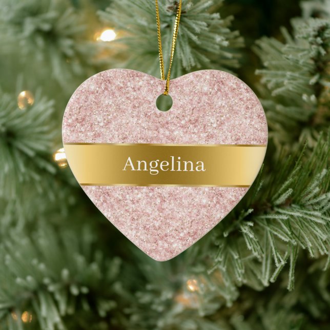 Blush Pink Glitter Sparkle Gold Ribbon Christmas Ceramic Ornament (Tree)