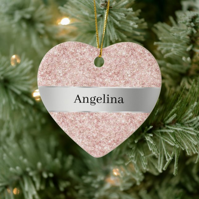 Blush Pink Glitter Sparkle Silver Ribbon Christmas Ceramic Ornament (Tree)