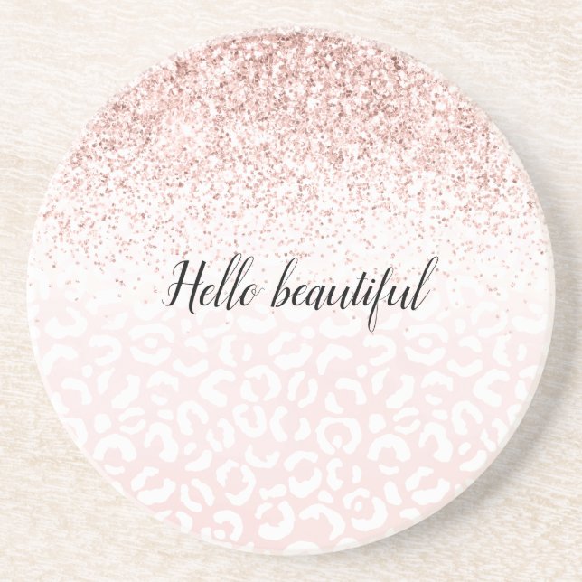 Blush Pink Glitter Sparkle White Leopard Print     Coaster (Front)