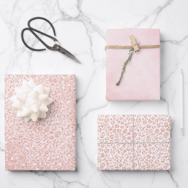 Blush Pink Glitter White Leopard Print      Wrapping Paper Sheet (Front)
