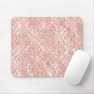 Blush Pink Glitzy Glitter Damask Mouse Pad