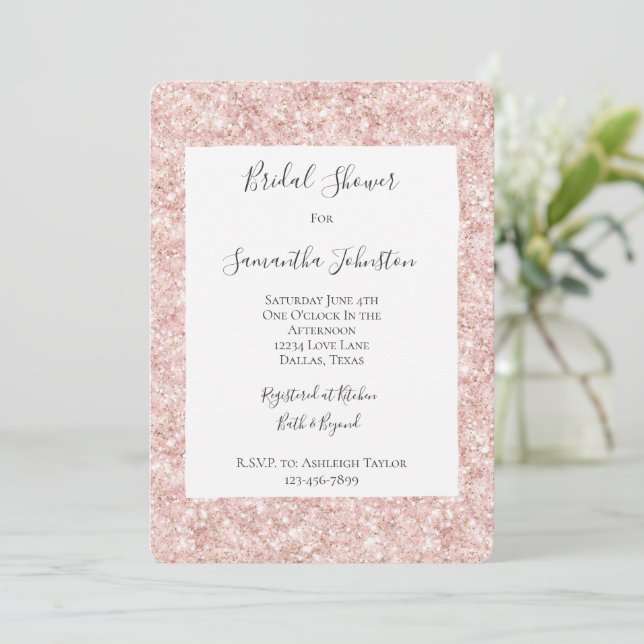 Blush Pink Glitzy Glitter Sparkle Bridal Shower Invitation (Standing Front)