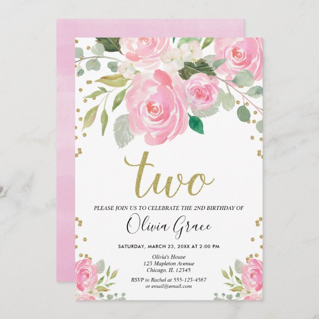 Blush pink gold 2nd birthday floral girl birthday invitation (Front/Back)