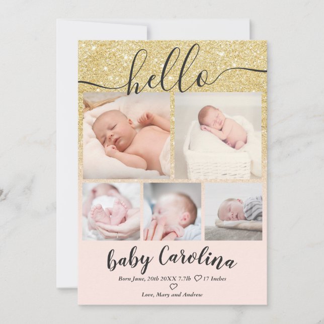 blush pink gold 5 grid photo baby girl birth announcement (Front)