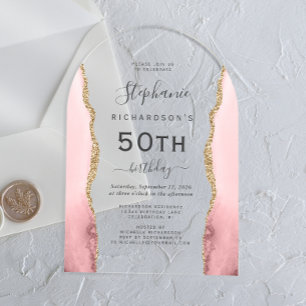 Blush Pink Gold Agate 50th Birthday Arch Acrylic Invitations