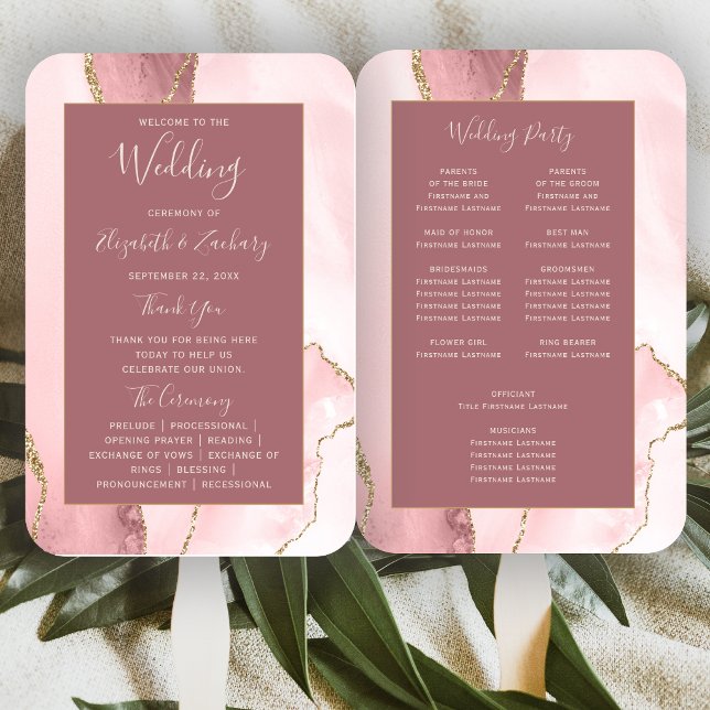 Blush Pink Gold Agate Dusty Rose Wedding Program Hand Fan (Creator Uploaded)