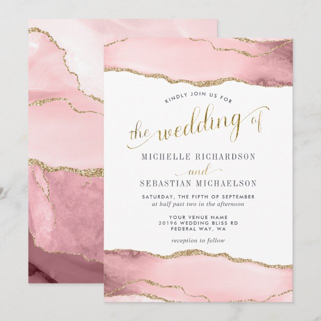 Blush Pink Gold Agate Elegant Watercolor Wedding Invitation (Front/Back)