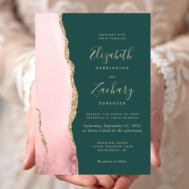 Blush Pink Gold Agate Emerald Green Wedding Invitation (Creator Uploaded)