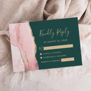 Blush Pink Gold Agate Emerald Green Wedding RSVP Card