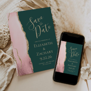Blush Pink Gold Agate Emerald Green Wedding Save The Date