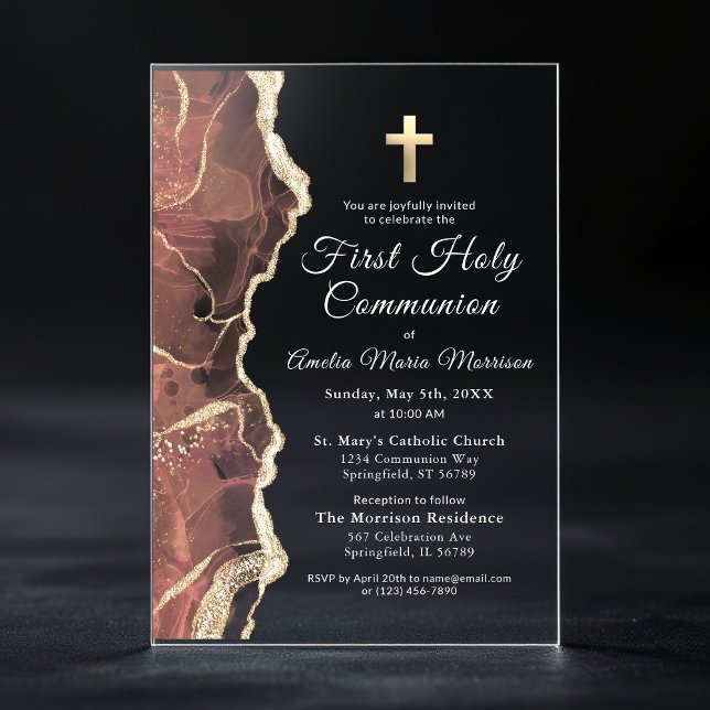 Blush Pink Gold Agate First Holy Communion Girl Acrylic Invitations (Creator Uploaded)