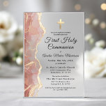 Blush Pink Gold Agate First Holy Communion Girl Acrylic Invitations<br><div class="desc">A beautifully elegant First Holy Communion invitation designed with a soft blush pink and gold agate pattern. Printed on premium acrylic, this invitation offers a modern and luxurious touch. The gentle pink tones combined with the shimmering gold accents create a refined, sophisticated look, making it the perfect choice for a...</div>