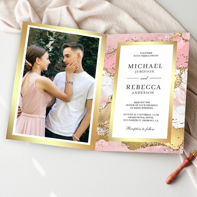 Blush Pink Gold Agate Marble QR Code Photo Wedding Invitation (Creator Uploaded)