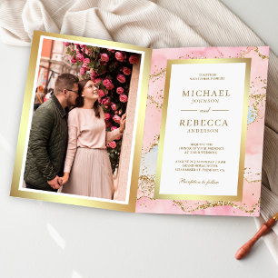 Blush Pink Gold Agate Marble QR Code Wedding Invitation