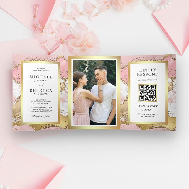 Blush Pink Gold Agate Marble QR Code Wedding Tri-Fold Invitation (Creator Uploaded)