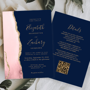 Blush Pink Gold Agate Navy Blue QR Code Wedding Invitation