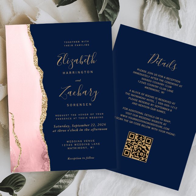 Blush Pink Gold Agate Navy Blue QR Code Wedding Invitation (Creator Uploaded)