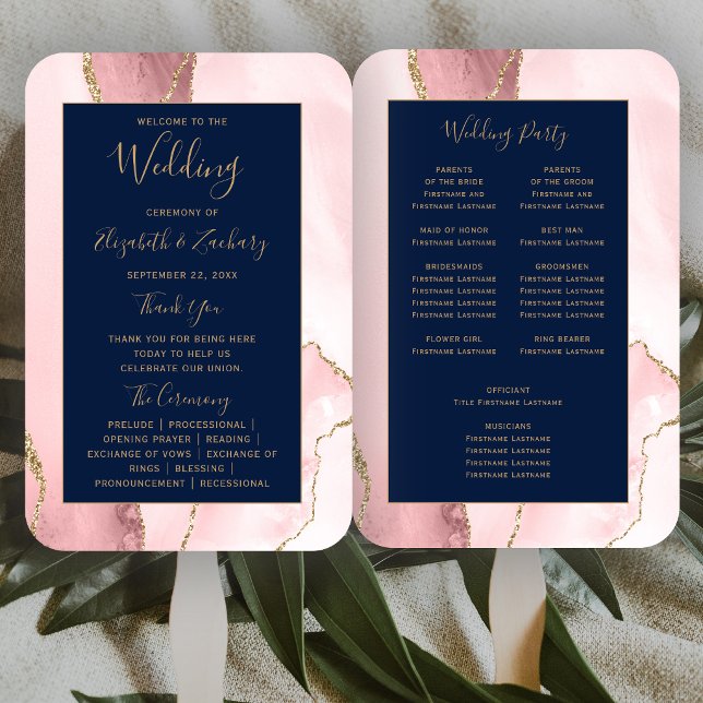 Blush Pink Gold Agate Navy Blue Wedding Program Hand Fan (Creator Uploaded)