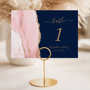 Blush Pink Gold Agate Navy Blue Wedding Table Number