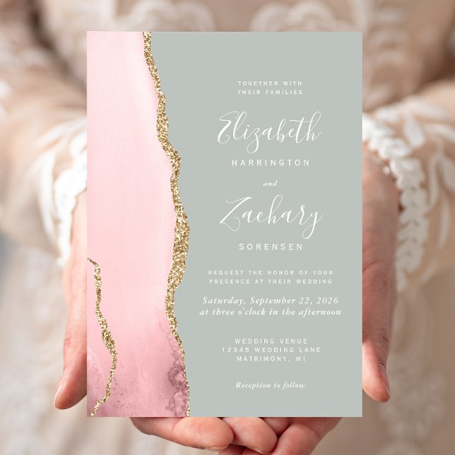 Blush Pink Gold Agate Pale Sage Green Wedding Invitation (Creator Uploaded)