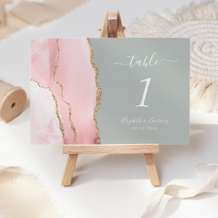 Blush Pink Gold Agate Pale Sage Green Wedding Table Number