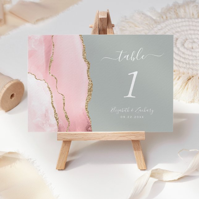 Blush Pink Gold Agate Pale Sage Green Wedding Table Number (Creator Uploaded)