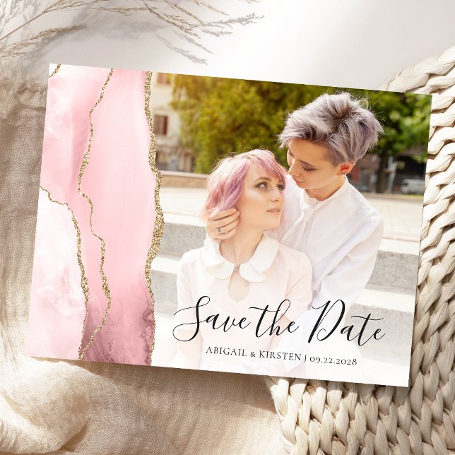 Blush Pink Gold Agate Photo Save the Date Postcard (Creator Uploaded)