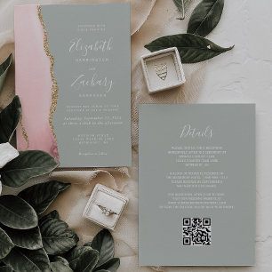 Blush Pink Gold Agate Sage Green QR Code Wedding Invitation