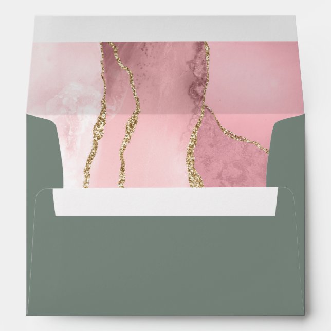 Blush Pink Gold Agate Sage Green Wedding Envelope (Back (Bottom))