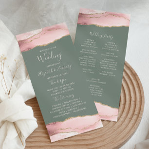 Blush Pink Gold Agate Sage Green Wedding Program