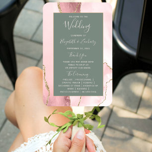 Blush Pink Gold Agate Sage Green Wedding Program Hand Fan
