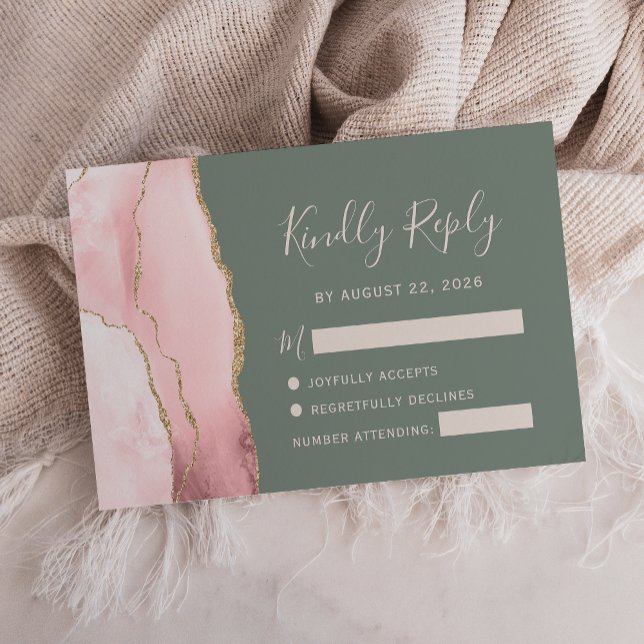 Blush Pink Gold Agate Sage Green Wedding RSVP Card (Creator Uploaded)