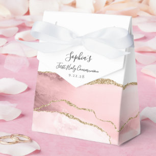 Blush Pink Gold Agate Script First Communion Favour Box