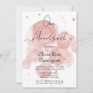 Blush Pink Gold Alcohol Ink 100th Birthday Party Invitation