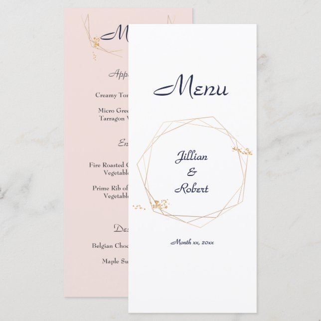 Blush Pink, Gold and Navy, Wedding Menu (Front/Back)