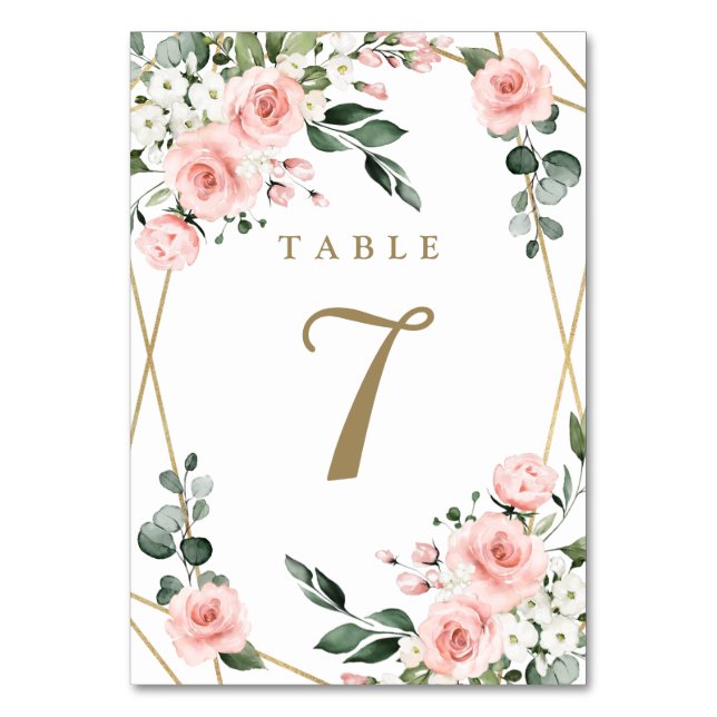 Blush Pink Gold and White Floral Greenery Wedding Table Number (Front)