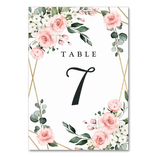 Blush Pink Gold and White Floral Greenery Wedding Table Number (Front)