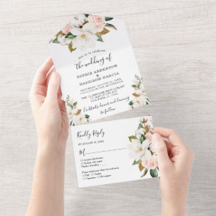 Blush Pink Gold and White Magnolia Floral Wedding All In One Invitation