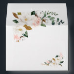 Blush Pink Gold and White Magnolia Floral Wedding Envelope<br><div class="desc">Designs features elegant magnolia, peony rose, eucalyptus, greenery and other watercolor elements in white, blush pink or pink peach and more. The greenery features shades of dark and light green colours with some elements featuring gold, antique gold and copper. This classy item is versatile for varieties of wedding themes --...</div>