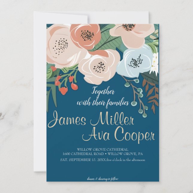 Blush Pink Gold and White Magnolia Floral Wedding  Invitation (Front)