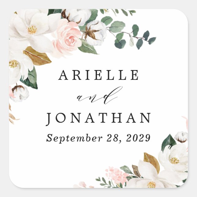 Blush Pink Gold and White Magnolia Floral Wedding Square Sticker (Front)