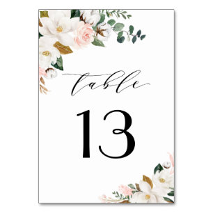 Blush Pink Gold and White Magnolia Floral Wedding Table Number