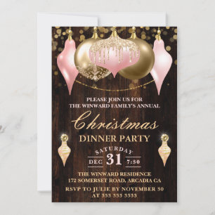 Blush Pink & Gold Baubles Christmas Dinner Party Invitation
