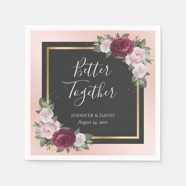 Blush Pink Gold Black Burgundy Floral Wedding Napkin (Front)