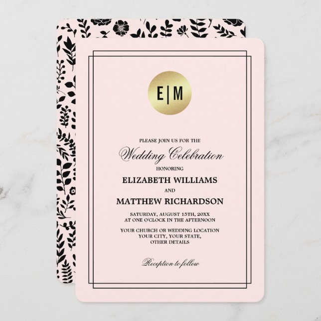 Blush Pink Gold Black Floral Wedding  Invitation (Front/Back)
