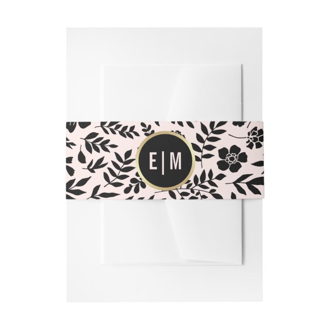 Blush Pink Gold Black Floral Wedding Invitation Belly Band (Front Example)