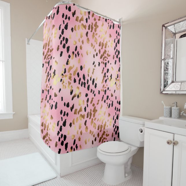 Blush Pink Gold Black Leopard Print Abstract Shower Curtain (In Situ)