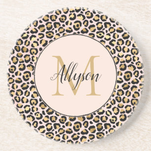 Blush Pink Gold Black Leopard Print Monogram       Coaster