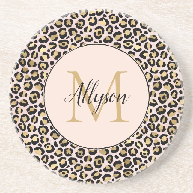 Blush Pink Gold Black Leopard Print Monogram       Coaster (Front)